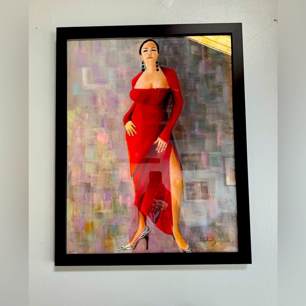 Lady in Red original pastel artwork professionally framed signed by artist
